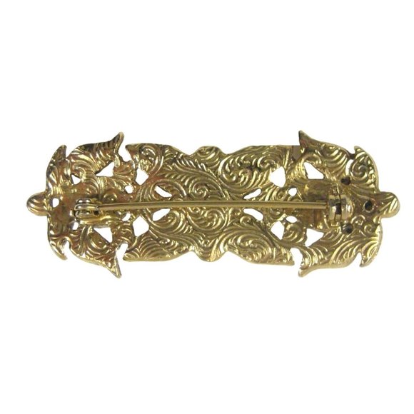 Imitation Pearl Bar Brooch 2.2 inch Pin Jewelry Goldtone Rhinestones Statement - Picture 4 of 7